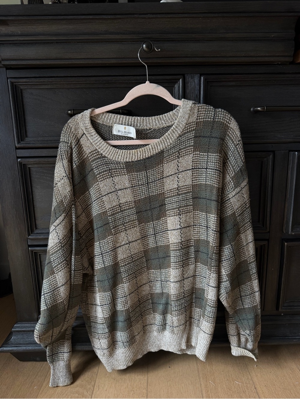 Vintage Bill Blass Plaid Knit Sweater in Olive & Beige